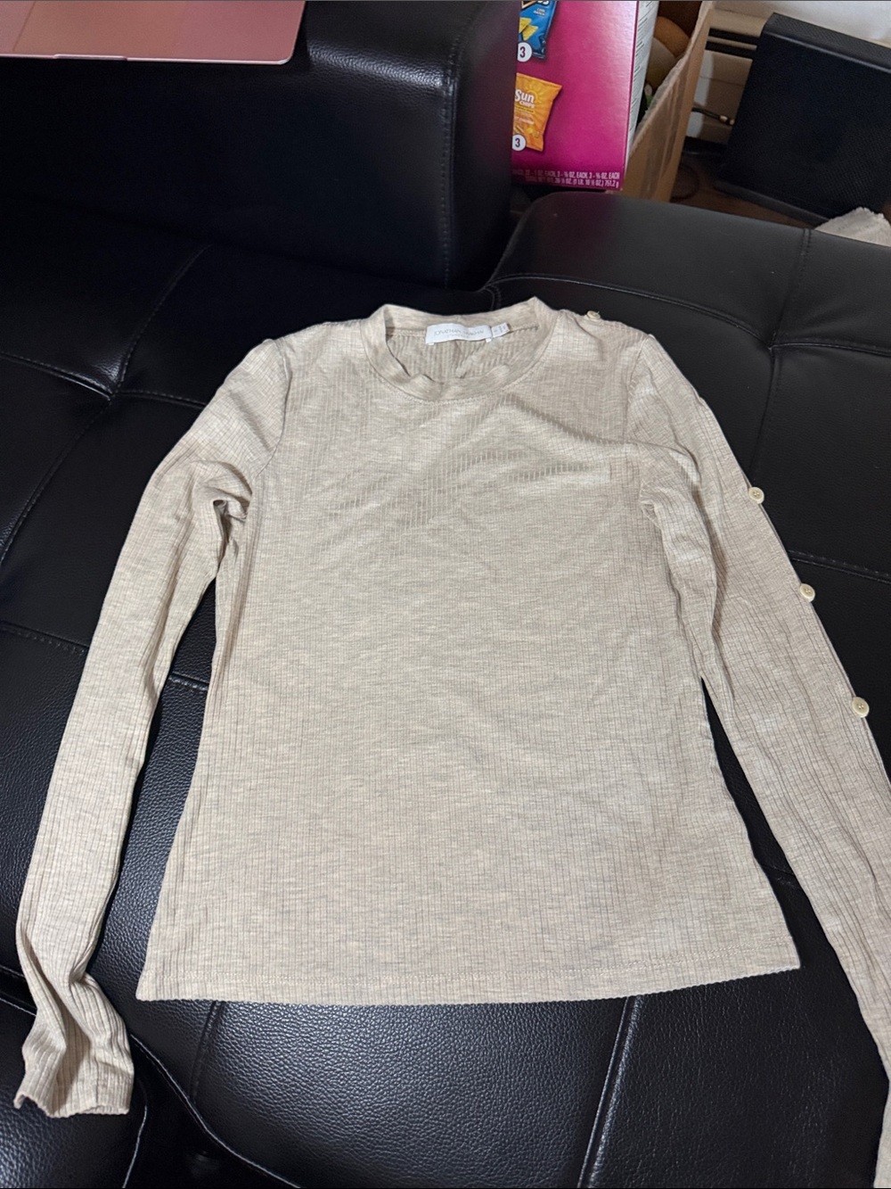 Jonathan Simkhai Beige Ribbed Long Sleeve Top with Button Trim